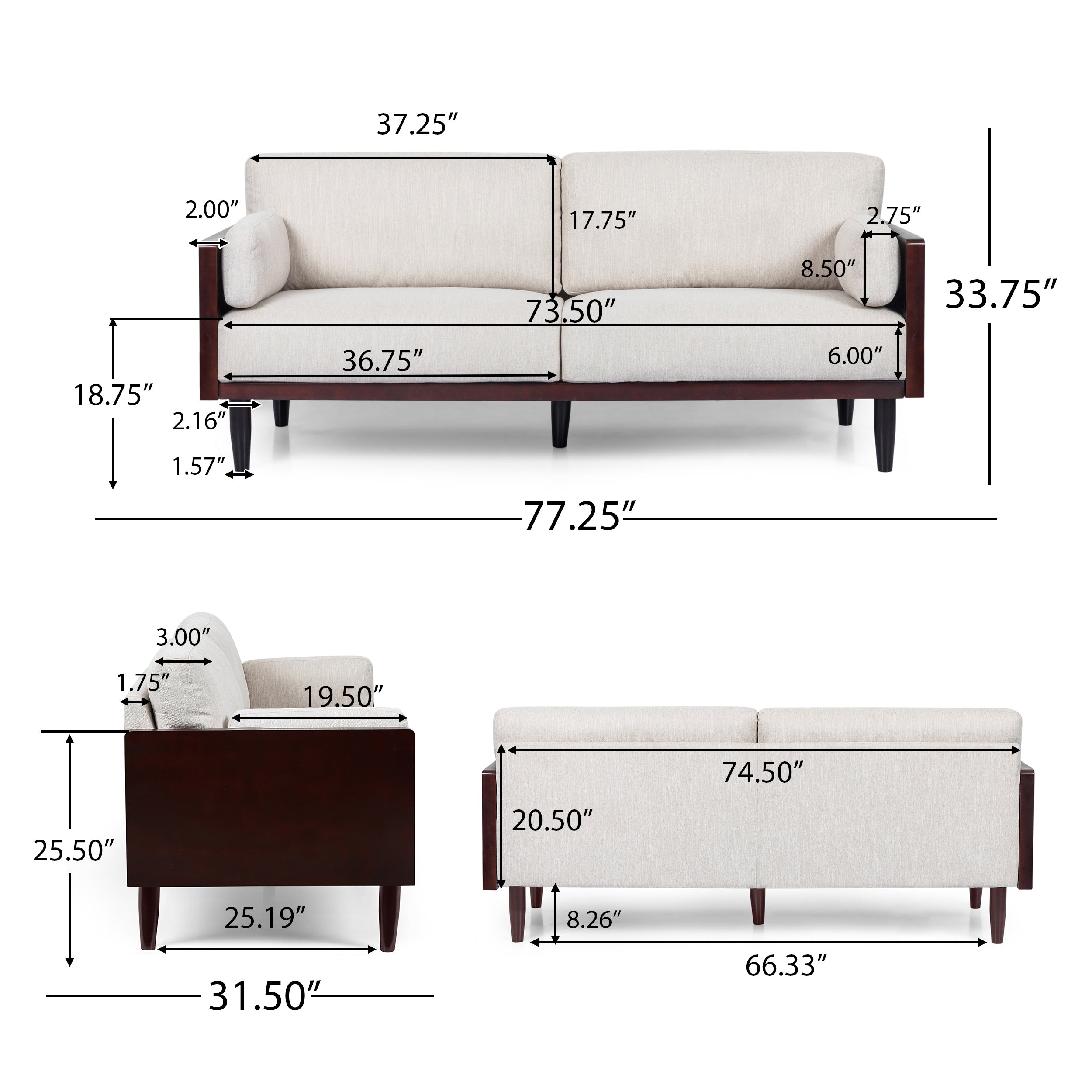 Bagan Mid-Century Modern Upholstered 3 Seater Sofa