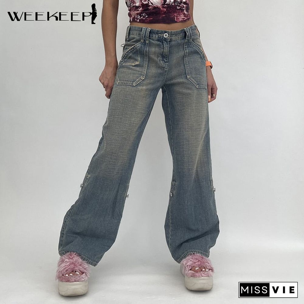 Weekeep Baggy Denim Mom Jeans Women High Waist Vintage Oversized Cargo Pants Casual Streetwear Harajuku Straight Leg Jeans Femme