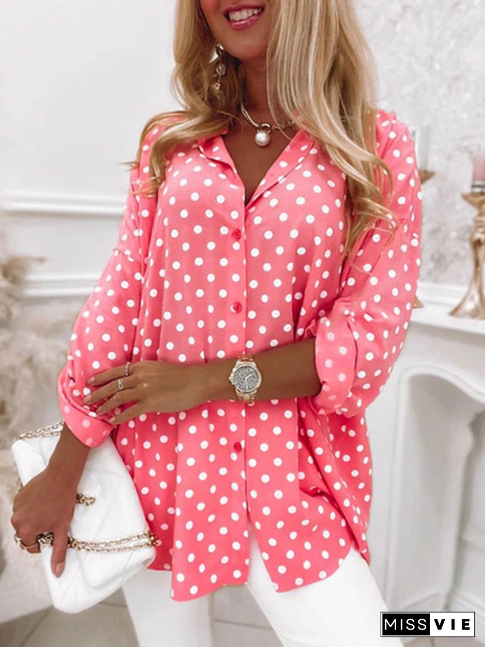 Polka Dots Long Sleeve Plus Size Casual Tops