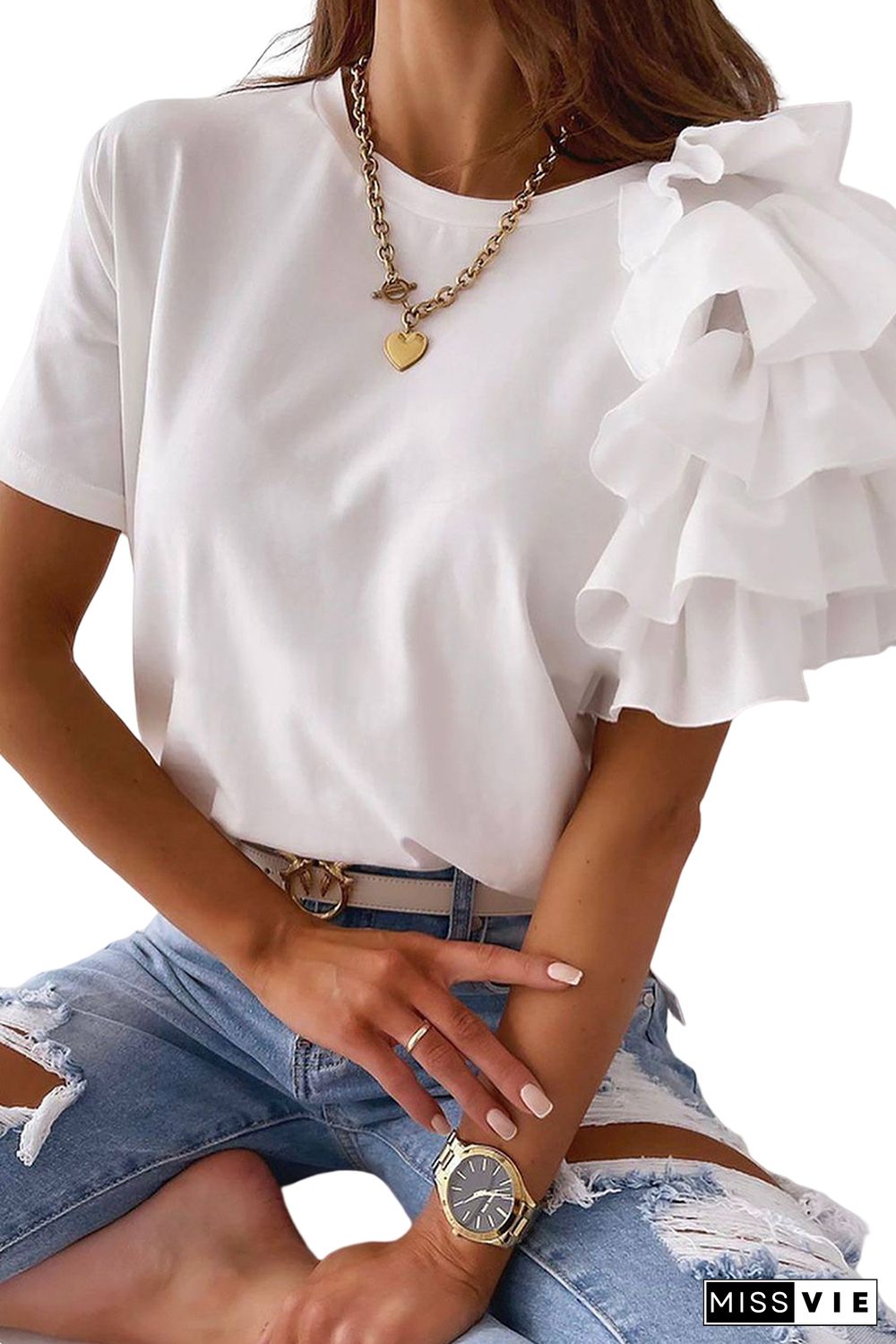 White Asymmetric Cascading Sleeve Tee