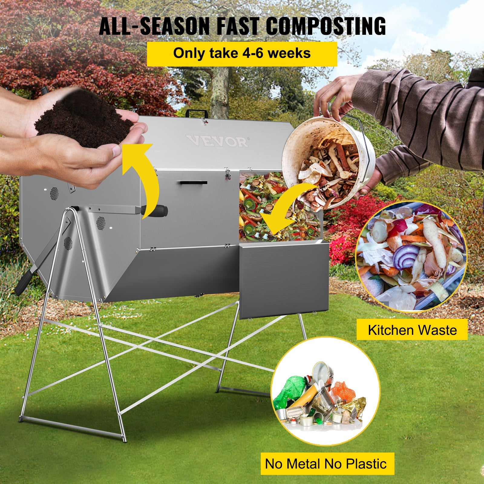 VEVOR Compost Tumbler, 71 US Gallons, Rustproof Stainless Steel Dual-chamber Garden Composter, Heavy-duty, All-season Outdoor Compost Bin, Fast-working System for Composting Kitchen ＆ Yard Waste