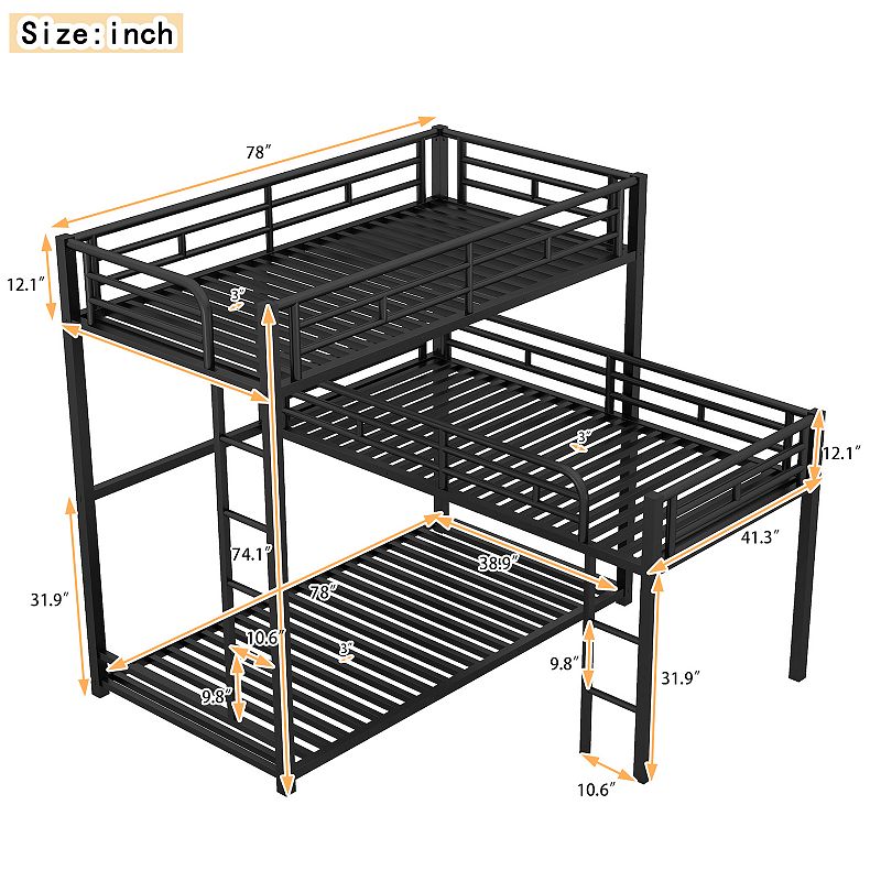 Merax L-shaped Metal Triple Twin Size Bunk Bed