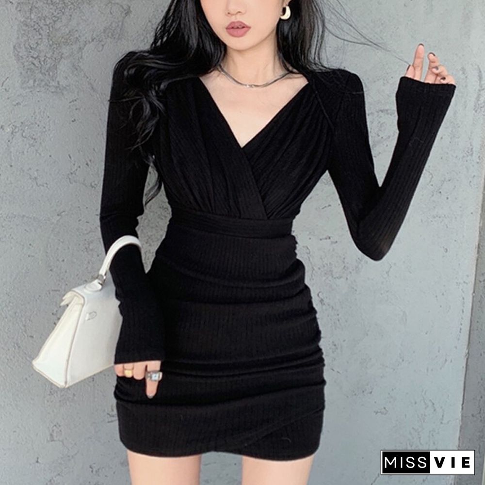 Spring Autumn Elegant V Neck Party Dress Women Sexy Slim Solid Mini Dresses Casual Black Ladies Bodycon Dresses Fashion New