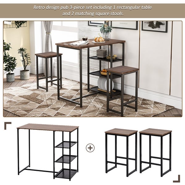 Nestfair 3-Piece Retro Pub Set with Countertop and Bar Stools