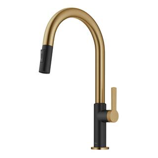 KRAUS Oletto Single Handle Pull-Down Kitchen Faucet in Brushed BrassMatte Black KPF-2820BBMB