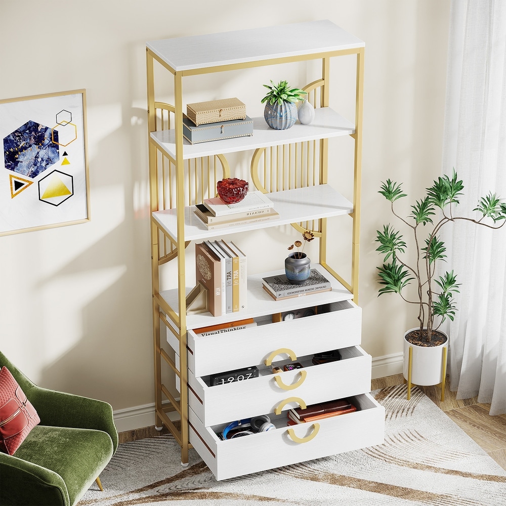 White Gold Bookshelf Bookcase with 3 Drawers 71 Inches Tall Bookshelf