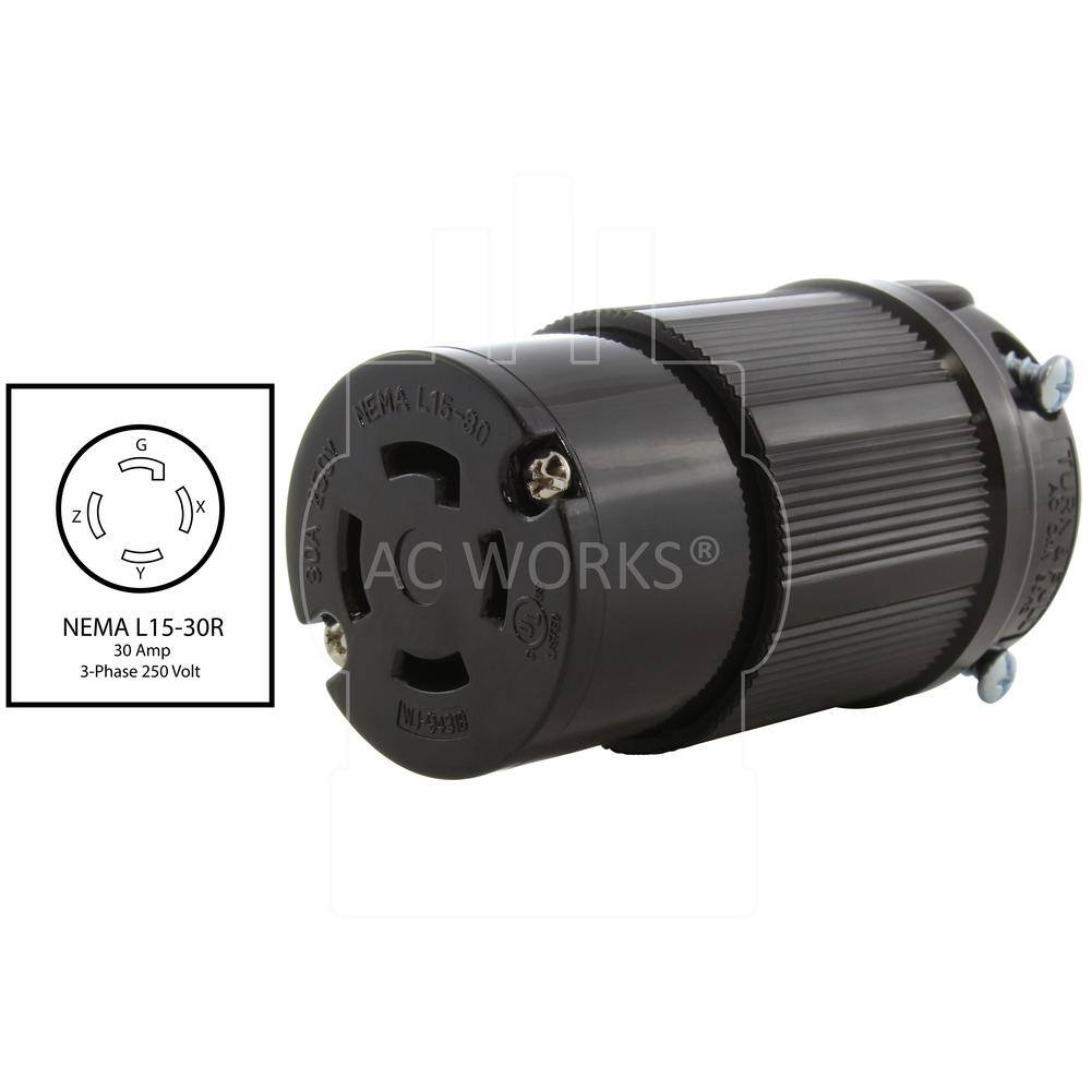 AC WORKS NEMA 3-Phase 30 Amp 250-Volt 4-Prong Locking Female Connector UL C-UL Approval ASL1530R-BK