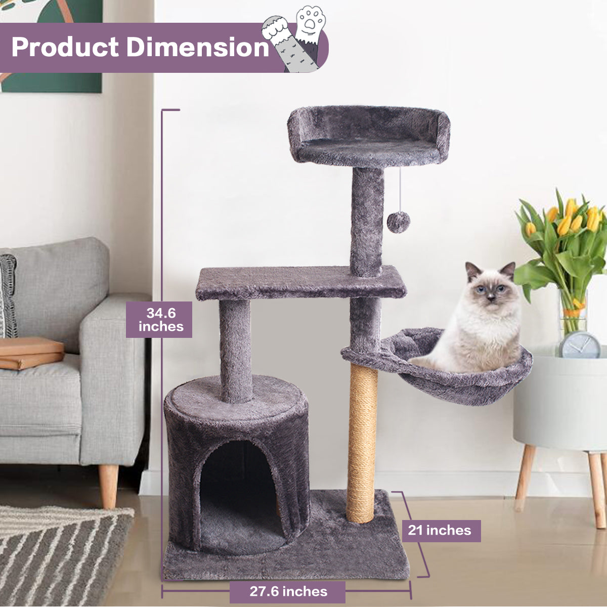 Vesteel Cat Tree, 34.6" Cat Tower Condo with Cozy Basket and Sisal Scratching Post for Indoor Cats Kitten, Gray