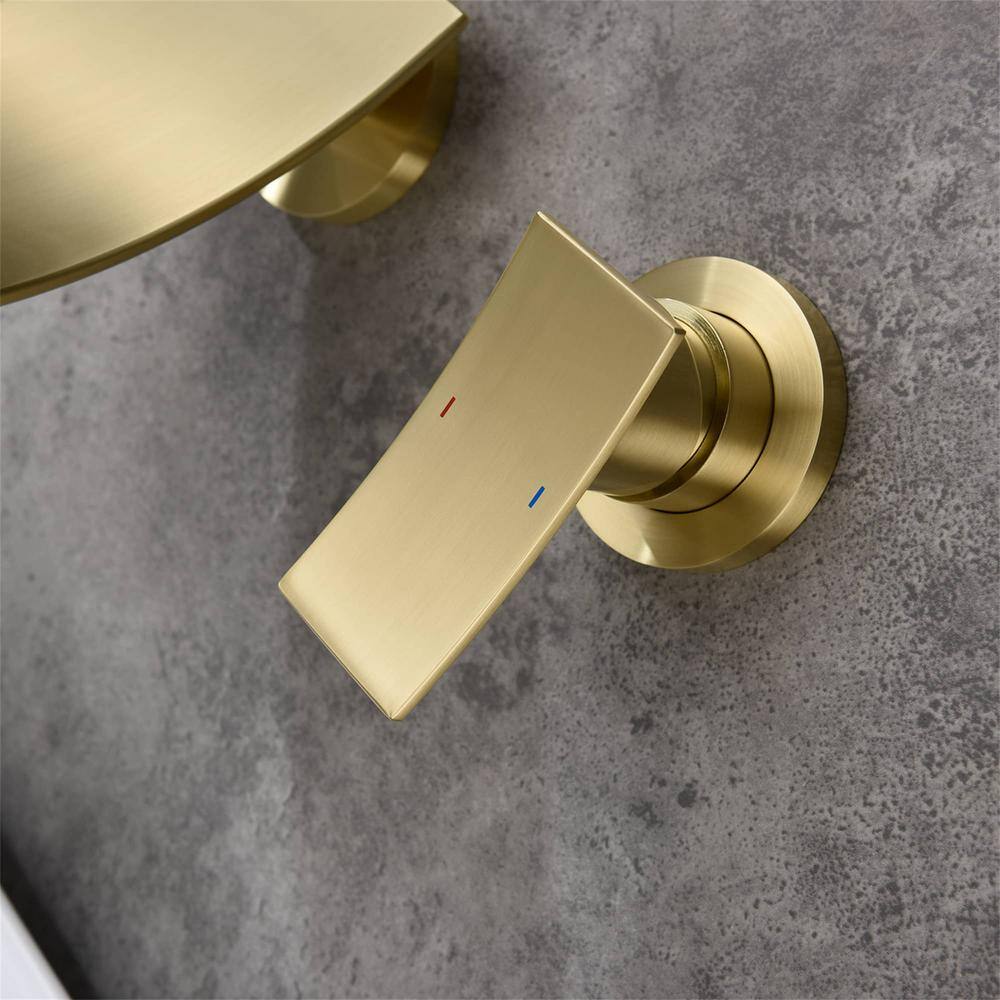 FLG Single-Handle Wall Mounted Bathroom Faucet Waterfall Sink Faucets in Brushed Gold DD-0016-BG