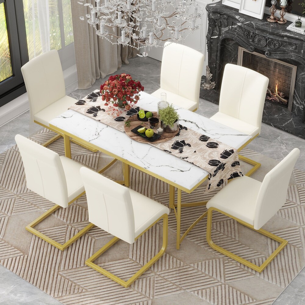 Nestfair 7 Piece Modern Dining Table Set with 6 PU Leather Chairs