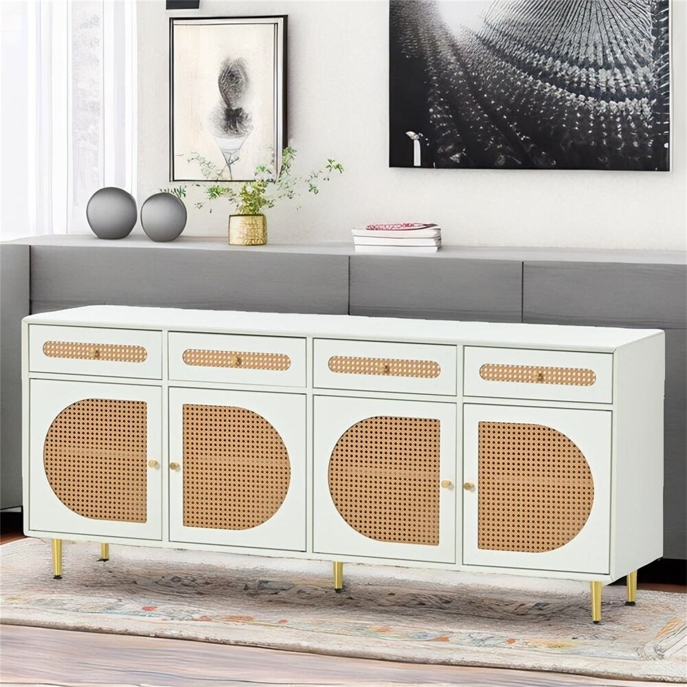 White Woven Storage Sideboard Cabinet with Adjustable Shelves