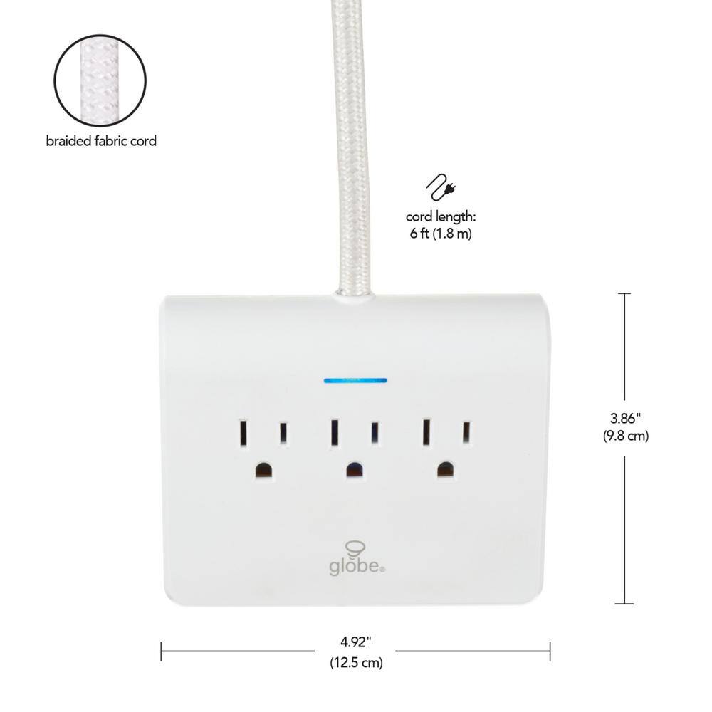 Globe Electric Designer 6 ft. 4 USB 3-Outlet Surge Protector Desktop Power Strip with Fabric Cord White 78428