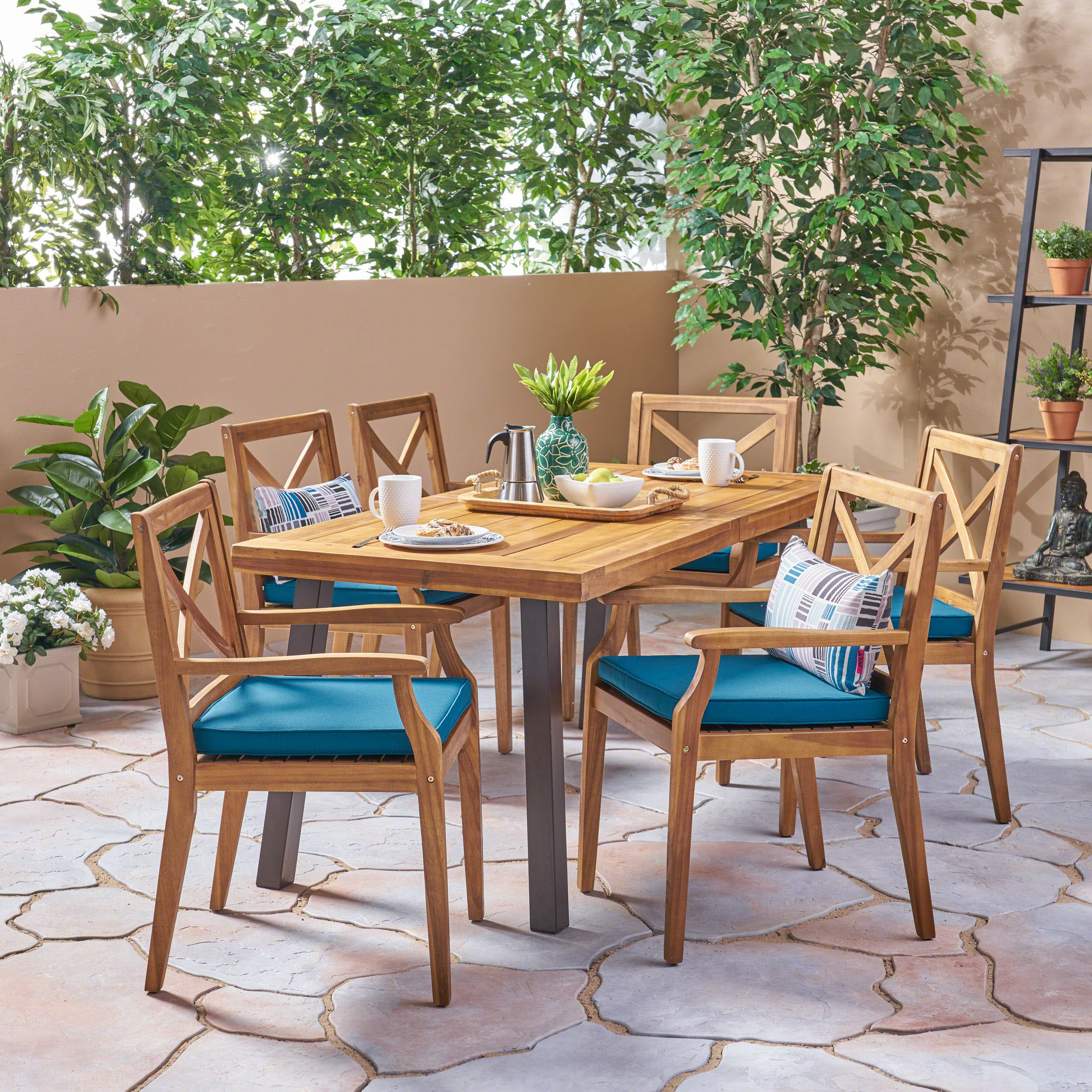 Justin Outdoor Farmhouse Slat-Top 7 Piece Acacia Wood Dining Set with Cushions