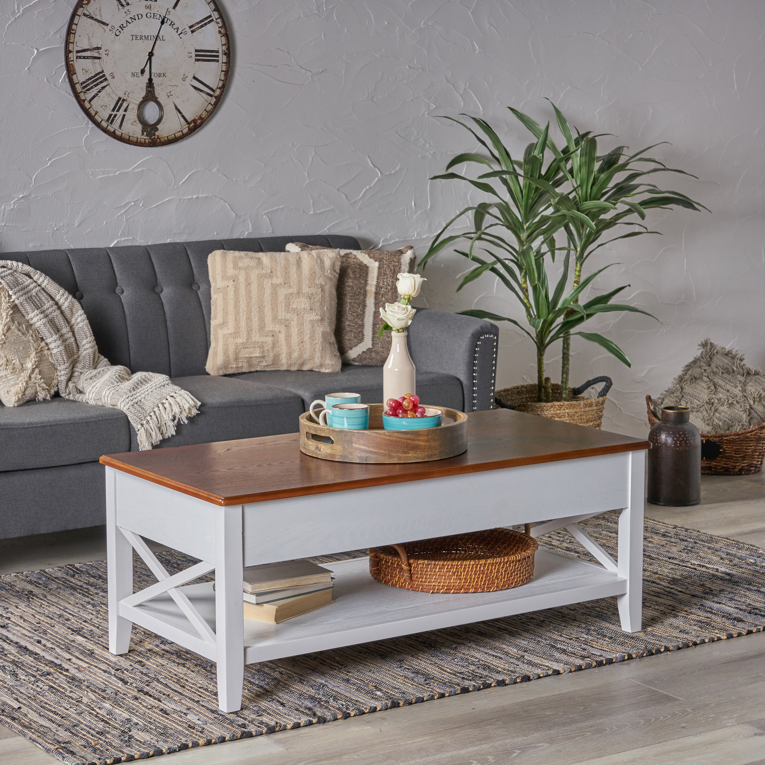 Laurel Luke Farmhouse Faux Wood Lift Top Coffee Table