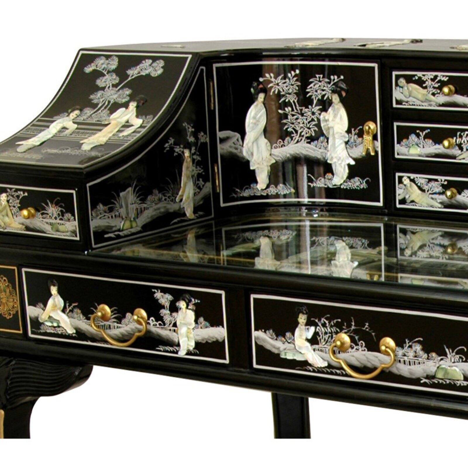 Oriental Furniture Black Lacquer Ladies Desk with Gold Chinoiserie