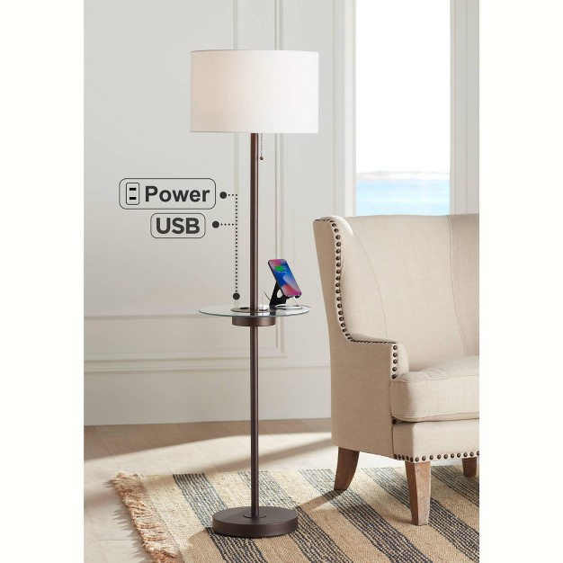 Tall Bronze Usb And Ac Power Outlet Off White Fabric Drum Shade For Living Room Office