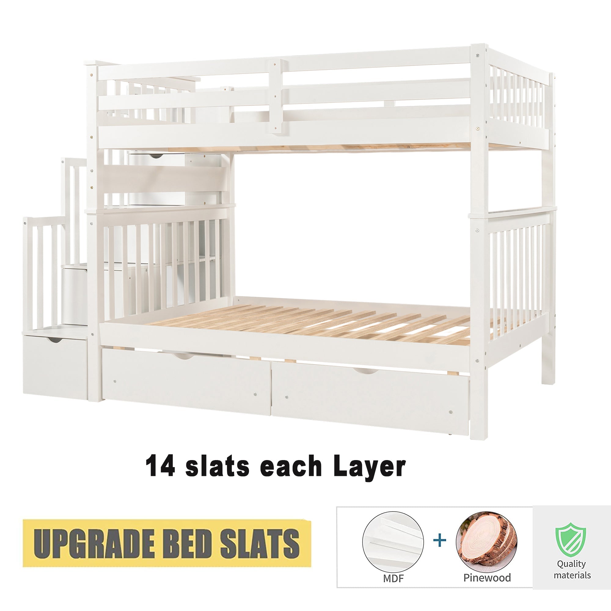 Bellemave Full Over Full Bunk Bed with Stairs and 6 Storage Drawers, Solid Wooden Detachable Bunk Bed Frame with Storage Shelves for Kids Teens Adults (White)