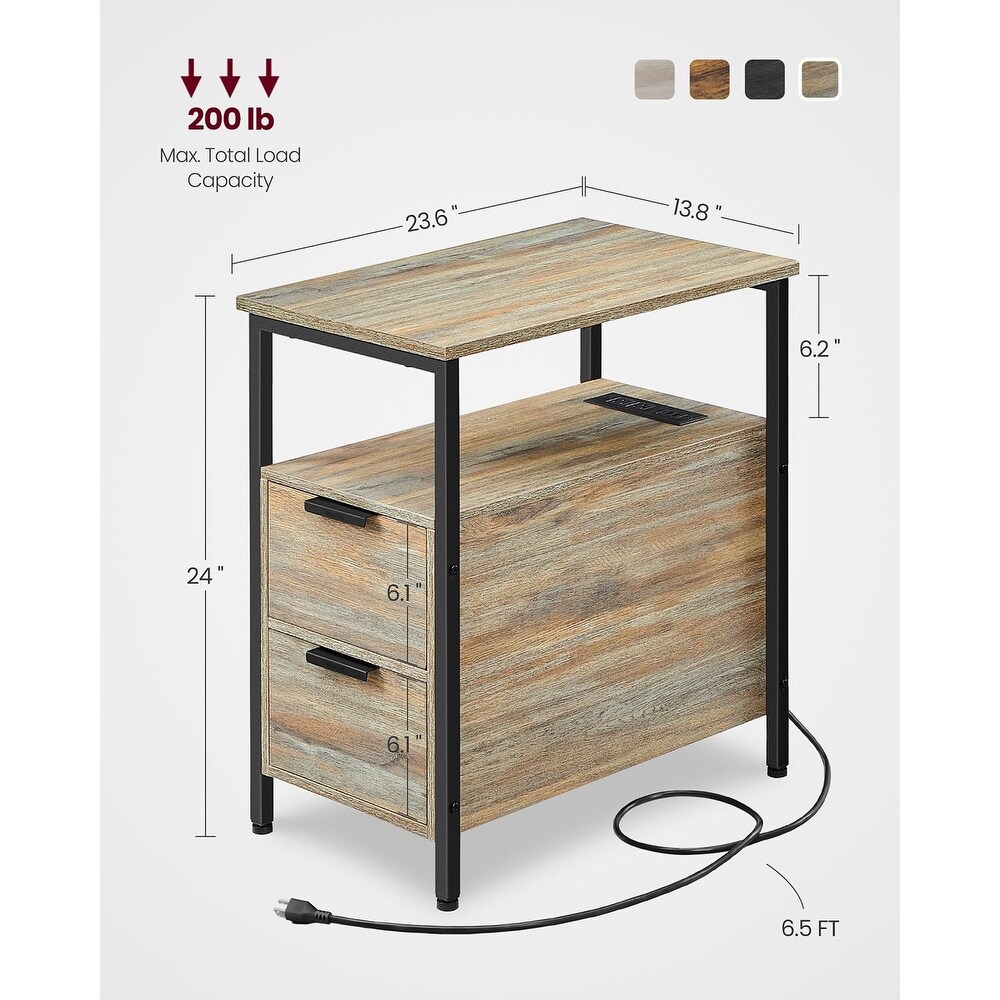 Slim Side Table Nightstand End Table with 2 Drawers and Charging Station for Small Spaces   23.6” x 13.8” x 24”