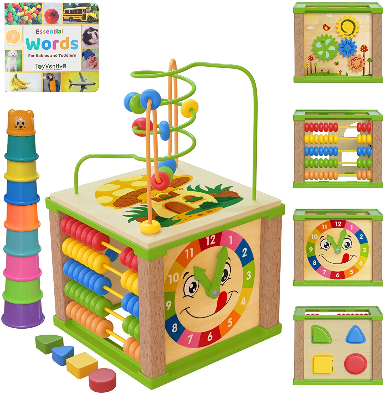 TOYVENTIVE Wooden Kids Baby Activity Cube， Toddler Educational， Toys 12-18 Months