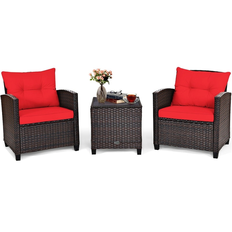 3 Pieces Patio Rattan Furniture Set Outdoor Wicker Conversation Set with Washable Cushion and Coffee Table