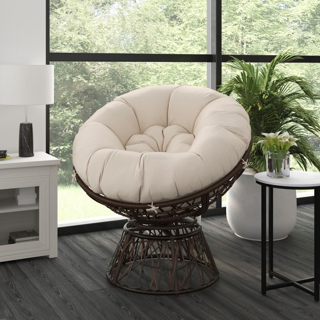 Merrick Lane Papasan Style Woven Wicker Swivel Patio Chair With Removable All weather Cushion