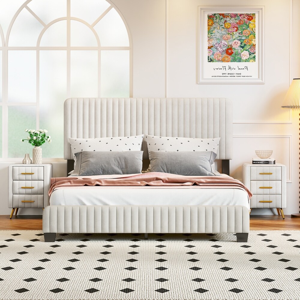 3 Pieces Bedroom Sets  Queen Size Upholstered Platform Bed with Two Nightstands