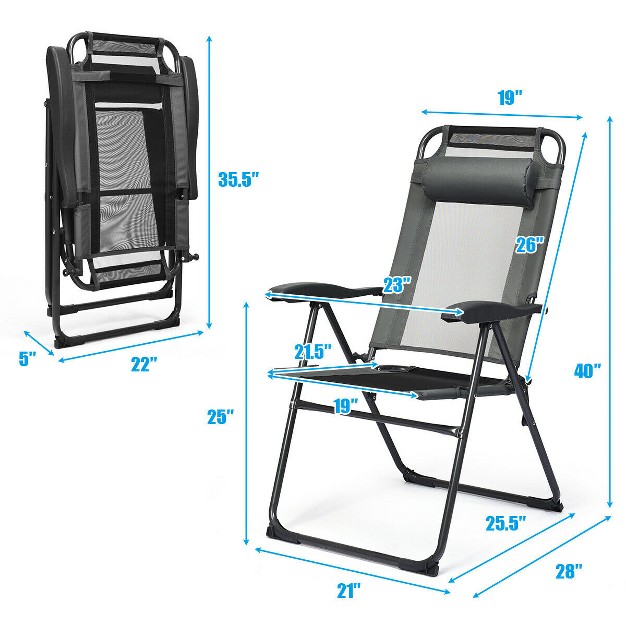 Costway 4pc Folding Chairs Adjustable Reclining Chairs With Headrest Patio Garden Black grey