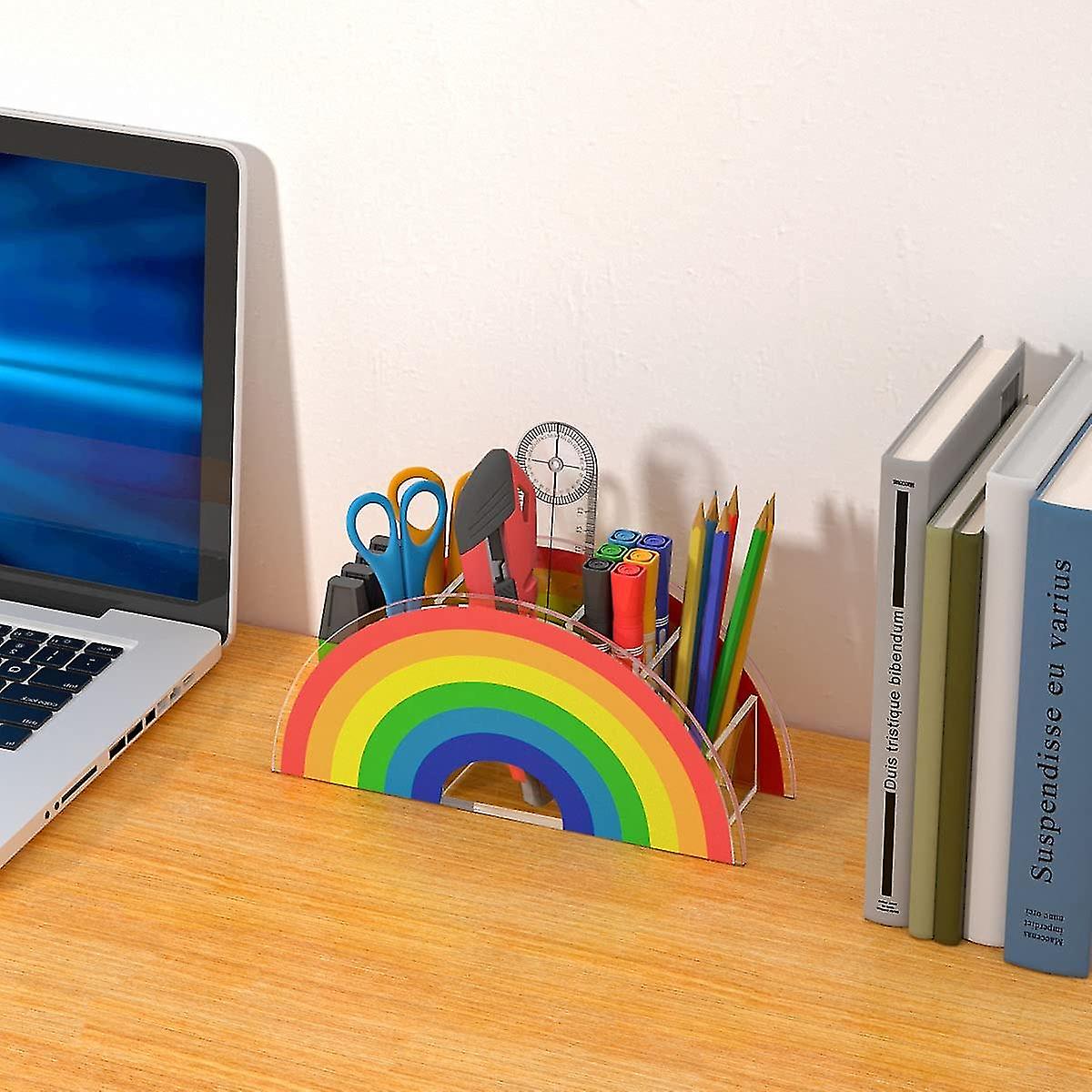 Rainbow Pen Holder Acrylic Kids Desk Organizer 5 Compartments Cute Desktop Pencil Organizer For Home， Office， School