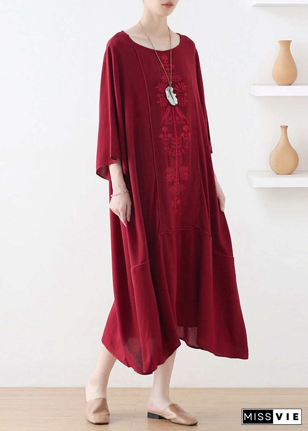 Natural Red O-Neck Print Draping Long Dress Fall