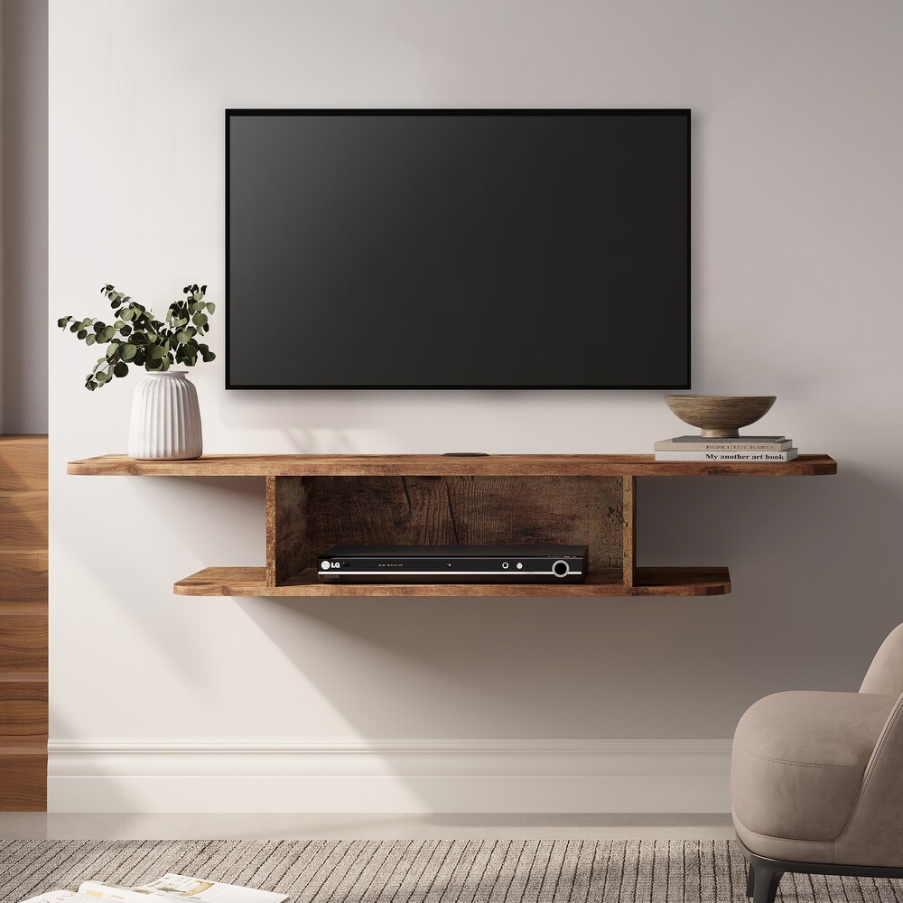 FITUEYES 2 Tier Floating TV Stand with LED Light  Floating TV Shelf Under TV for Living Room  Brown