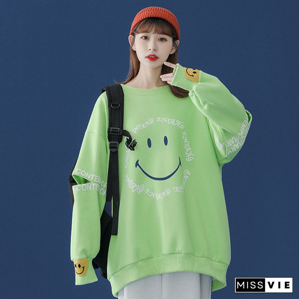 Smiley Letters Print Loose Sweatshirt