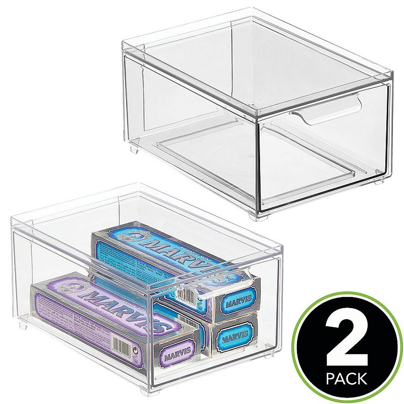 mDesign Clarity 8 x 6 x 4 Plastic Stackable Bathroom Storage Organizer with Drawer， 2 Pack