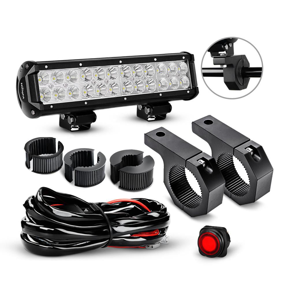 Nilight 12 Inch 72W Spot Flood Combo LED Light Bars Off-Road Light Mounting Bracket Horizontal Bar Tube Clamp With Off Road Wiring Harness， 2 Years Warranty