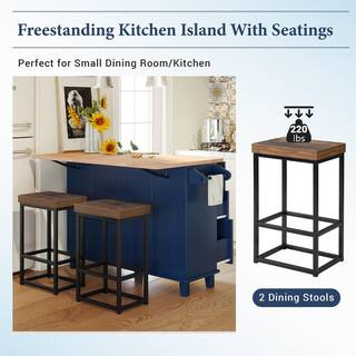 Blue Wood 50.3 in. Kitchen Island Set with Drop Leaf and 2-Seatings Dining Table Set with Storage Cabinet Drawers LH-649