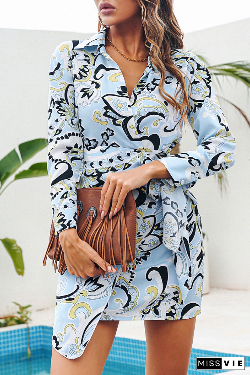 Vintage Print Long Sleeve Hem Dress Wholesale