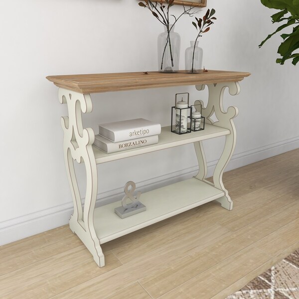 White or Black Wood Scroll Side Frames 2 Shelves Console Table with Brown Wood Top 38