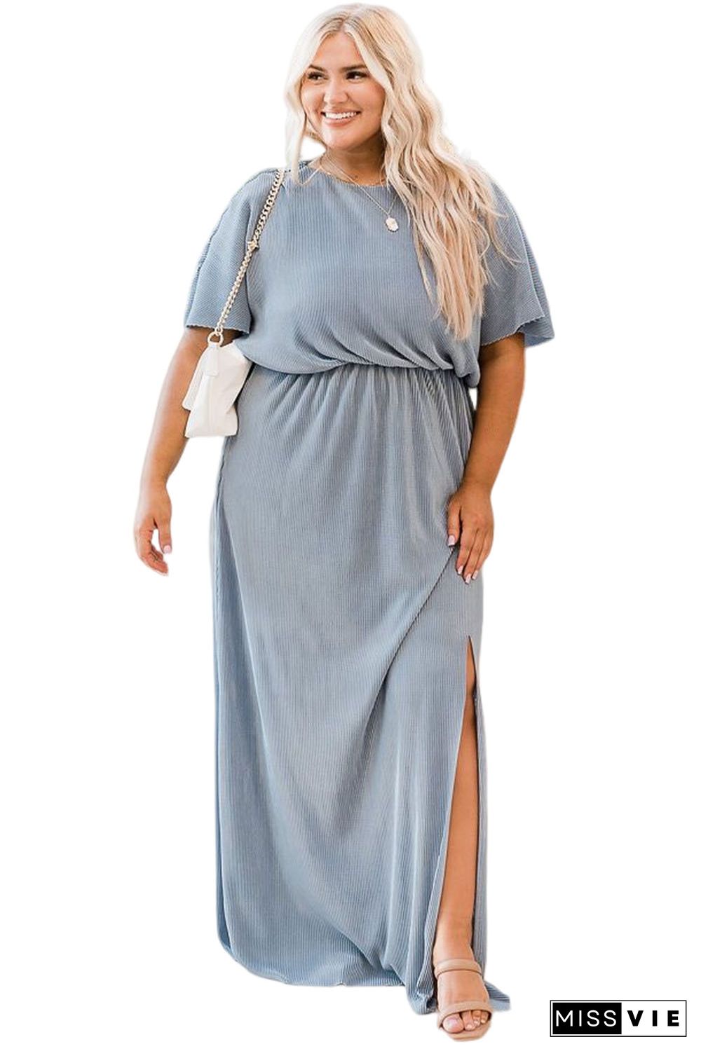 Sky Blue Plus Size Short Sleeves Rib Knit Maxi Dress with Slit