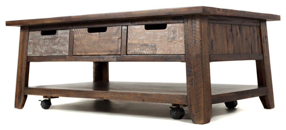 Farmhouse Coffee Table  Shelf and 3 Drawers With Cut Out Pulls  Distressed Brown   Rustic   Coffee Tables   by Declusia  Houzz