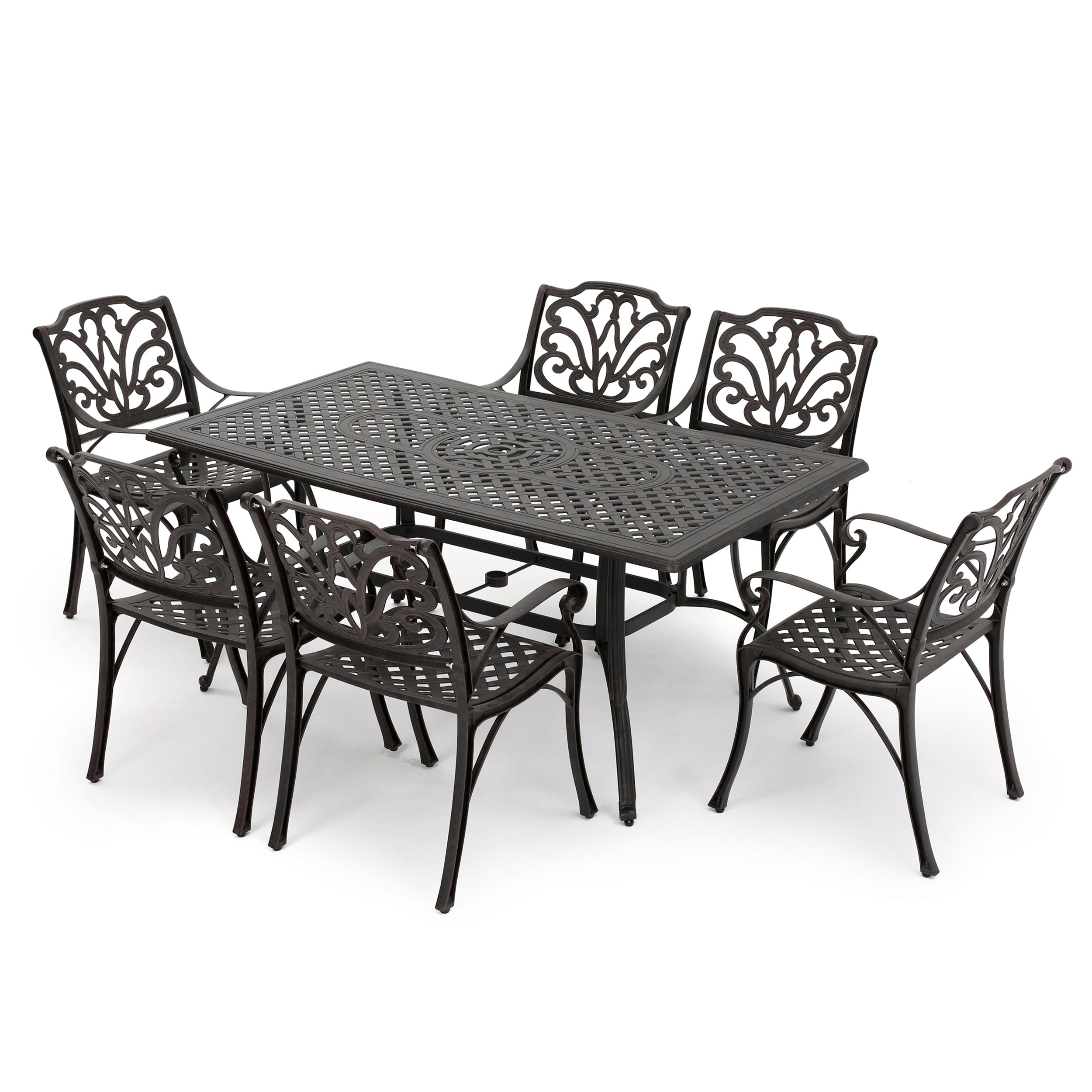 Fonzo Outdoor 7 Piece Bronze Cast Aluminum Rectangular Dining Set