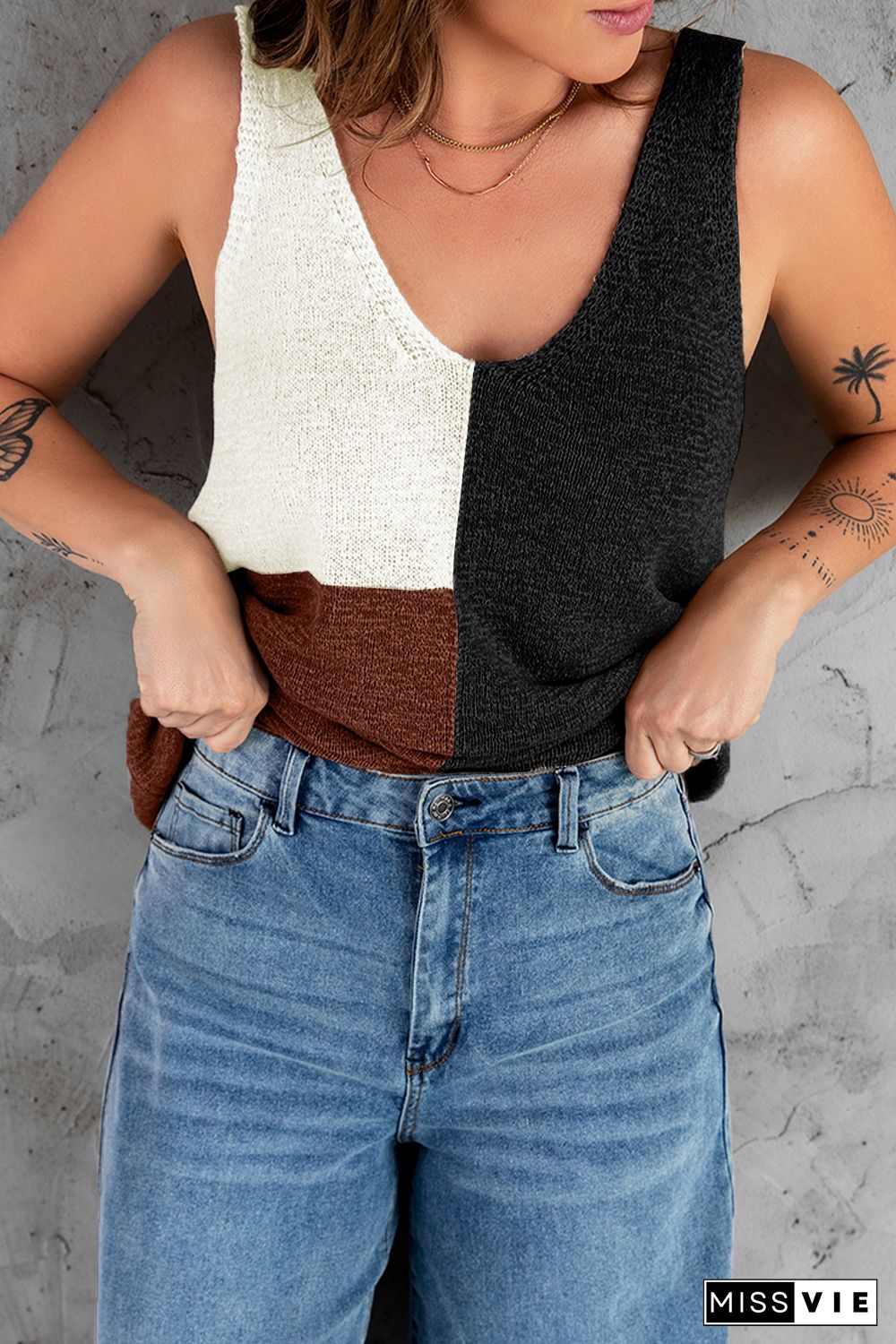 Black Color Block Knitted Tank Top