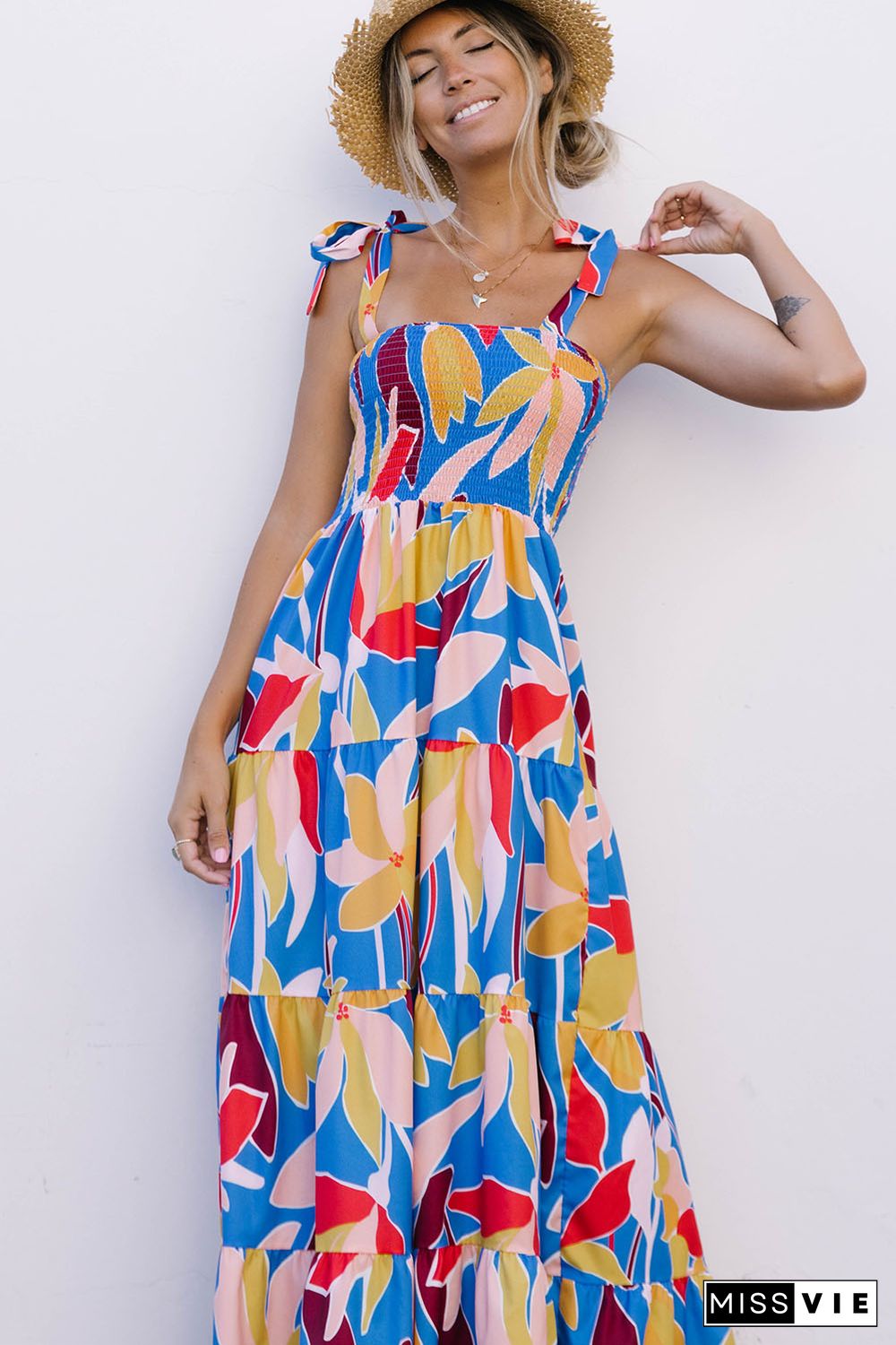 Blue Boho Print Tie Straps Smocked Maxi Dress