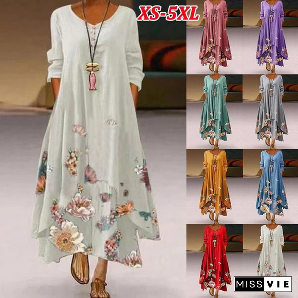 Women Casual Floral Print Long Sleeve Round Neck Double Layer Maxi Dresses Floral Casual Ethnic Style Loose Long Dress