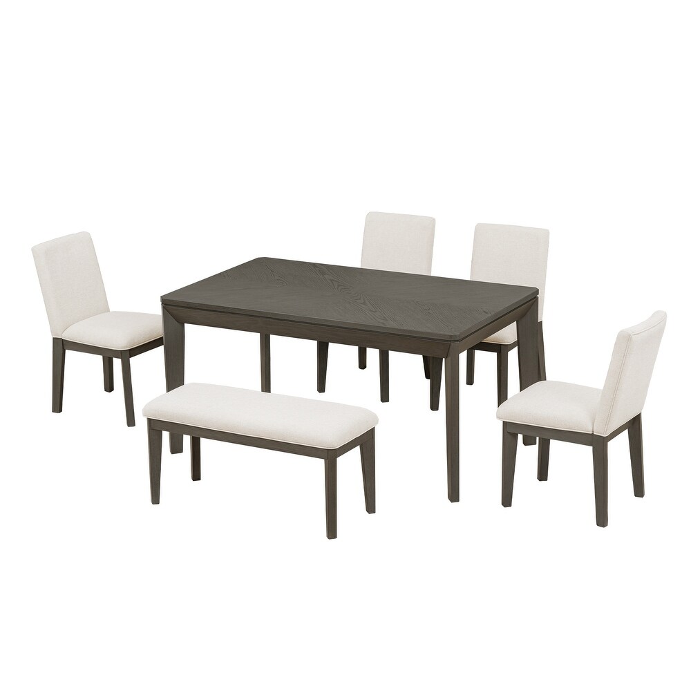 6 Piece Dining Wood Table Set with 4 Upholstered Dining Chairs and Bench  60\