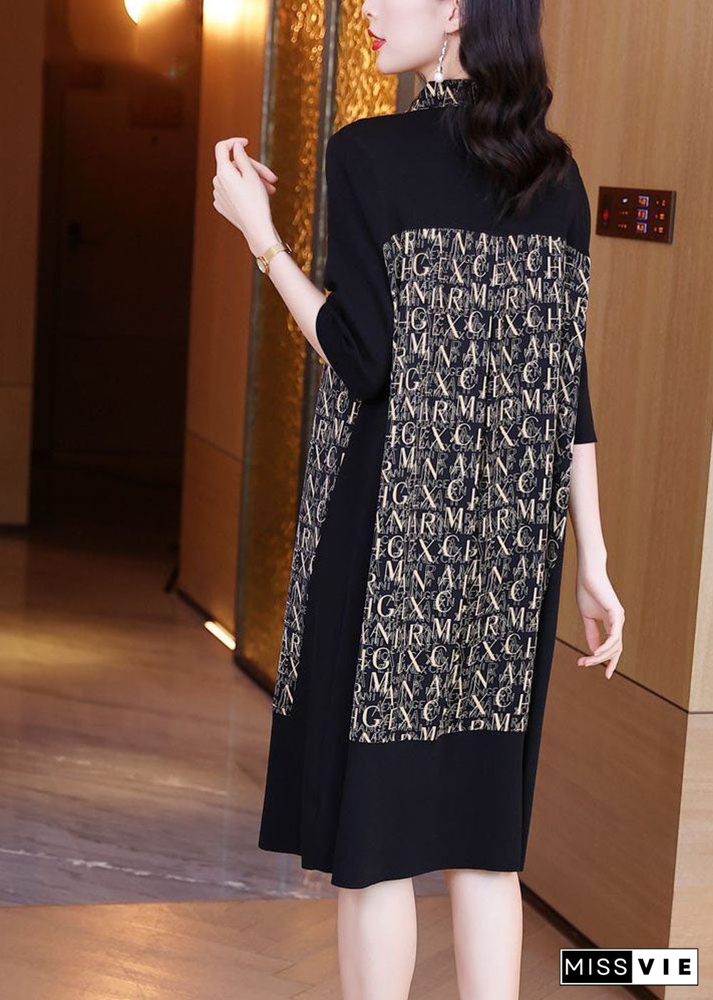 Simple Black Peter Pan Collar Patchwork Letter Print Silk Maxi Dresses Spring