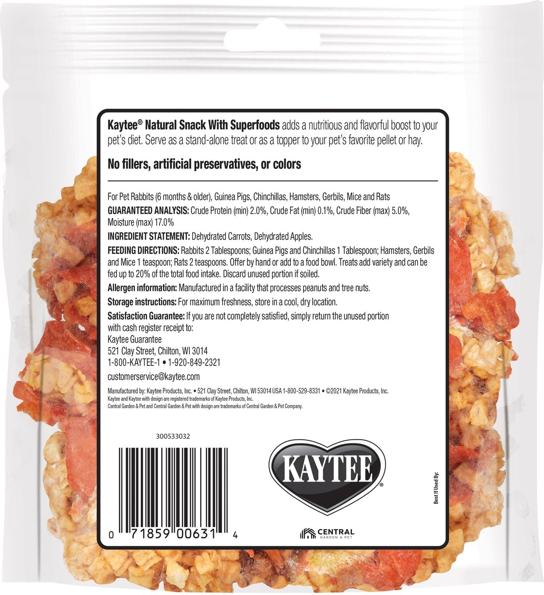 Kaytee Natural Snack with Superfoods Carrot and Apple Blend Small Pet Treats， 2.5-oz bag