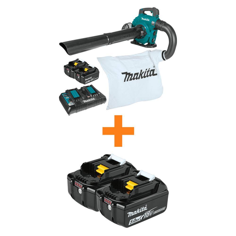 Makita 120 MPH 473 CFM 18V X2 (36V)LXT Brushless Leaf Blower Kit w Vac Attach Kit (5.0 Ah)wbonus 18V LXT Battery 5.0 Ah(2-Pk) XBU04PTV-BL1852