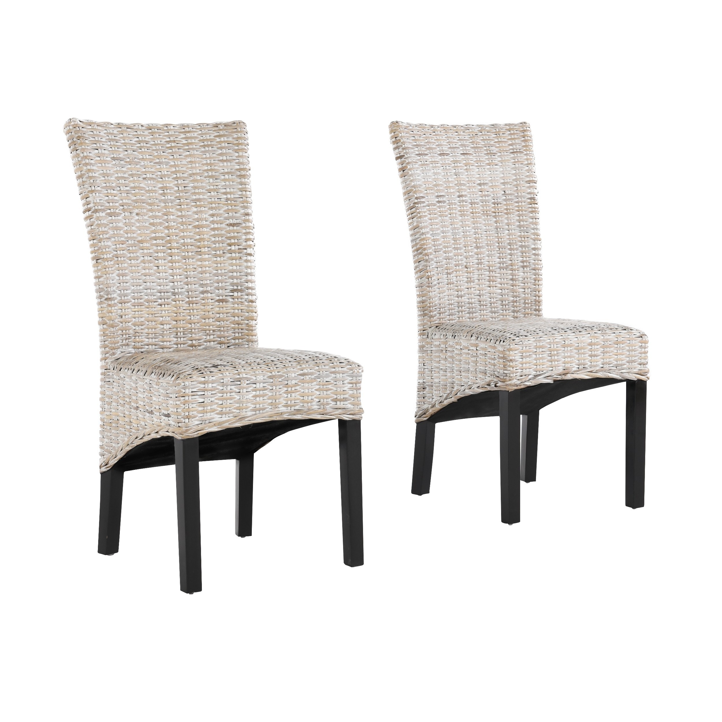 19 Inch Dining Side Chair， Woven Wicker， Wood， Set of 2， Off White， Black