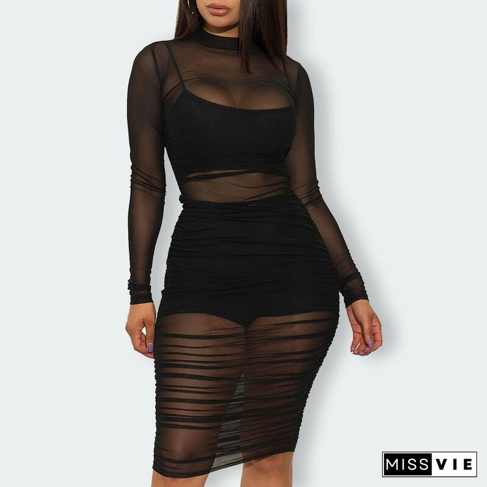 Sexy Black Mesh Dress Women Long Sleeve Ruched Bodycon Dress Plus Size Summer Midi Long Party Dress 3 Piece Set Outfits