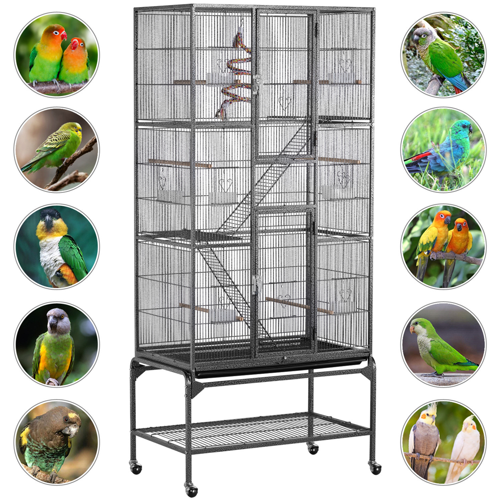 Topeakmart 69''H Extra Large Rolling Metal Parrot Cage Small Animal Cage with Detachable Stand and Ladders， Black