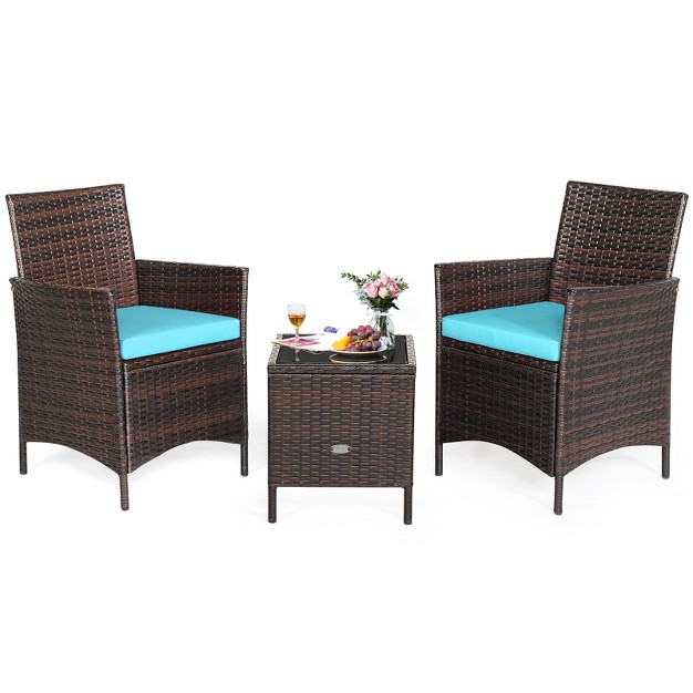 Tangkula 3 Pieces Patio Rattan Conversation Furniture Wicker Chairs With Coffee Table amp Cushions Red blue white